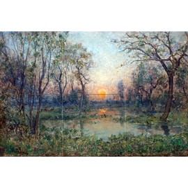 Tile Mural Landscape Sun Sunset Forest Lake Trees by Per Ekstrom Kitchen Bathroom Shower Wall Backsplash Splashback 3x2 6" Ceramic, Matte