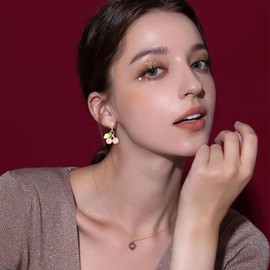 QLUYCKW Gold Plated Sweet Red Cherry Fruit Drop Dangle Earrings Pendant Necklace Set Unique Chic Charm Sparkly Green Leaf Fruit Cherry Statement Earrings Necklace Sets for Women Jewelry Gifts (Pink)