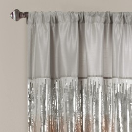 Lush Decor Night Sky Window Curtain Panel, Single, 442" W x 63" L, Gray & Blush - Sequin Curtains - Sparkle & Color Block Design - Modern Glam Decor - Short Curtains For Bedroom & Living Room