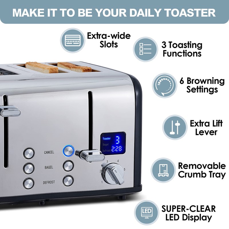CUSIMAX 4 Slice Toaster, Stainless Steel, Ultra-Clear LED Display &