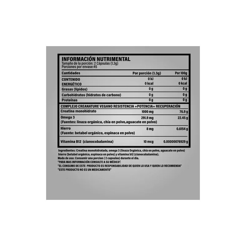 Creatina Vegana Creanature Purely Organics 90 Cápsulas Sin Sabor