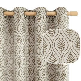 BGment Brown Linen Curtains for Living Room, Fall French Country Leaf Jacquard Botanical Pattern Cottage Core Boho Vintage Grommet Light Filtering Semi Sheer Linen Curtains, 2 Panels, 52 x 84 Inch