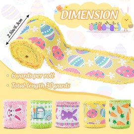 Whaline 30 Yards Easter Wired Edge Ribbon - Pink, Green, Yellow - Polyester - 2.5 Inch x 6 Yard Each - 5 Rolls - Easter, Spring Occasions - Decorative Gift Wrapping, Crafting, DIY Projects