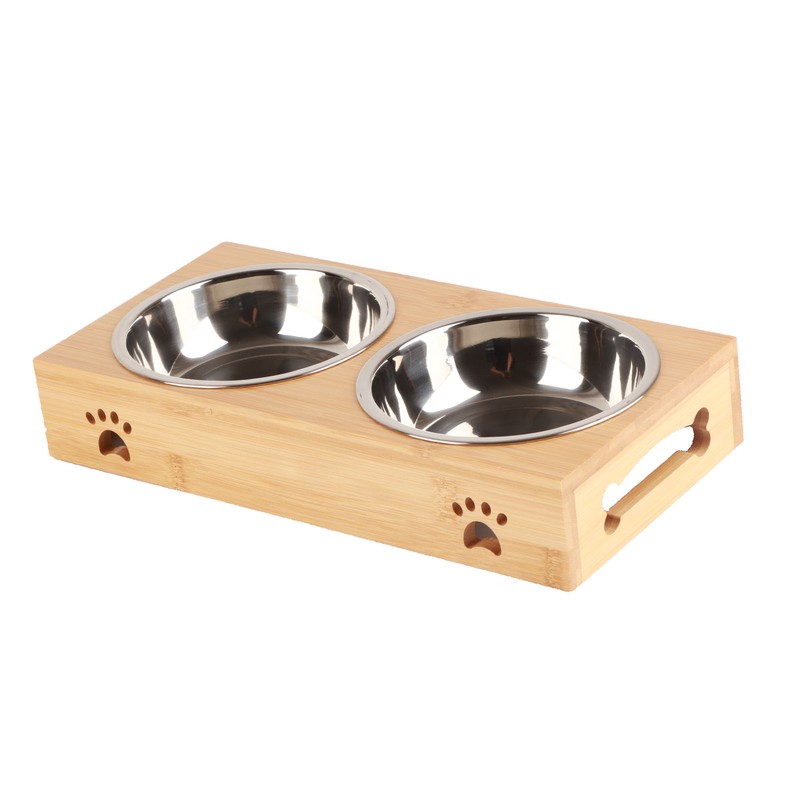 Bamboo Pet Double Bowl Cartoon Prevent Slipping Easy to Clean
