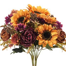GTIDEA 2 Bundles Fall Flowers Bouquet Vintage Artificial Flowers Fake Sunflowers with Silk Peonies Orange Autumn Flowers for Home Table Centerpieces Wedding Festival Party Decor