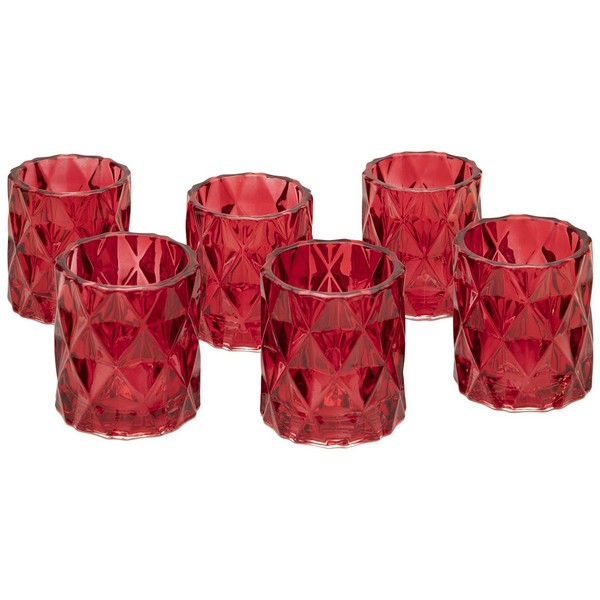 Koyal Wholesale 3" Tall Red Modern Multifaceted Glass Candle Holders, Set of 6 Votives, Bulk Tealight Holders