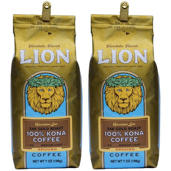Lion Coffee, 24K Gold Roast, 100% Kona, Ground, 7 Ounce Bag (Pack of Two)