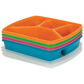 Fox Valley Traders Vibrant Four-Section Microwave Tray Set of 4, 9" L x 7.5" W x 1.875" H, Clear, Stackable, Dishwasher & Microwave Safe