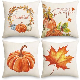 Set of 4 Autumn Cushion Covers, 40 x 40 cm, Decorative Cushion Covers, Thanksgiving, Cushion Covers, Autumn Outdoor, Linen Pumpkin Maple Leaves Throw Cushion Cover for Office, Bedroom, Car Decoration