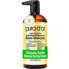 PURA D'OR Original Gold Label Anti-Thinning Shampoo Clinically Tested, Infused with Argan Oil, Biotin & Natural Ingredients, Sulfate Free, All Hair Types, Men and Women, 16 Fl Oz (Packaging may vary)