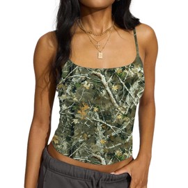 KIGRAD Women Y2k Spaghetti Strap Camo Tank Vest Backless Sleeveless Leaf Print Crop Cami Shirts Going Out Workout Tops