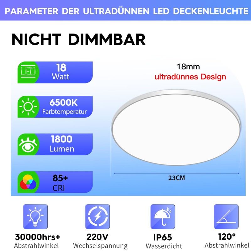 NUODIFAN LED Ceiling Light, 18 W Ceiling Light, IP65 Bathroom