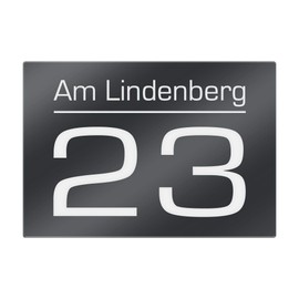 House Number Anthracite RAL 7016 with Engraving, House Number Sign with Street Name, Number, Number, Sign Including Fischer Dowel Screws Set, Door Sign is Weather-Resistant, 160 x 140 mm, Version 1