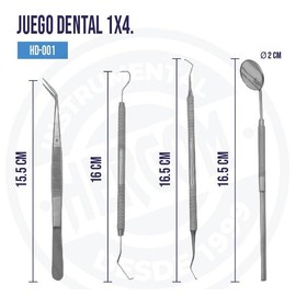 Juego Dental Básico 1x4 Hergom, Instrumental Odontológico de Acero Inoxidable Alemán, Kit de Diagnóstico con Espejo, Explorador, Pinza y Sonda, Equipo