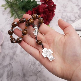 Needzo Divine Mercy One Decade Rosary, Double-Capped Wood Beads, St. Christopher and Holy Family Cross, 7.75 Inches