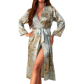 Women's Silk Kimono Bath Robe Flower Prints Satin Bathrobe Long Sleeve V Neck Lightweight Elegant Sleepwear Housewear Soft Cozy Pajama for Spring 2025