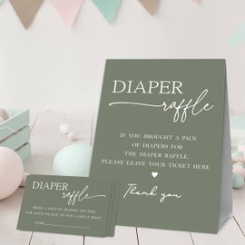 Baby Shower Games, 1 Diaper Raffle Standing Sign with 50 Diaper Raffle Tickets, Oliver Green Theme Babyshower Party Decorations and Supplies For Boys or Girls(LBLK-C04)