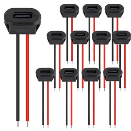 RUNCCI-YUN Pack of 12 USB C Female 5V 3A 2-Pin with Snap Groove Buckle, 2-Wire USB C Soldering Installation Socket with PD Function, 100 mm 24 AWG Wires, Black