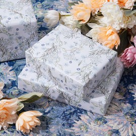 ZINTBIAL Floral Wrapping Paper Roll - Light Blue Watercolor Flowers and Butterfly Design, 17 Inches x 16.5 Feet, Gift Wrap for Wedding, Bridal Shower, Birthday, with Cut Lines on Back