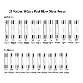 360 Piezas de Tubo de Fusible de Vidrio 24 Tipos de Fusibles de Vidrio de Soplado Rpido 6x30mm 5x20mm Kit Surtido de Fusibles para Proteccin de...    