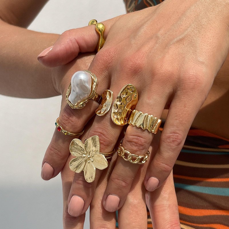 Pearl Knuckle Rings Stackable Flower Gold Statement Jewelry Chunky Floral