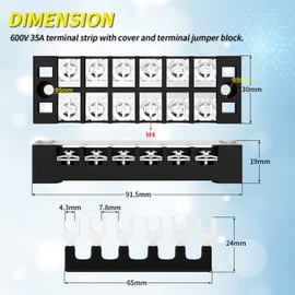 Joinfworld 35A Terminal Block 6 Position Screw Terminal Strip Dual Row with Cover & 6 Position Pre-Insulated Terminal Jumper Block - 2 Pack