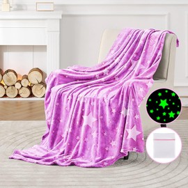 GEGOFB Glow in The Dark Blanket, 50" x 60" Pink Moon and Stars Throw Blanket for Kids, Soft Cozy Flannel Glowing Blanket, Kids Blanket for 1-12 Year Old Boys and Girls Birthday