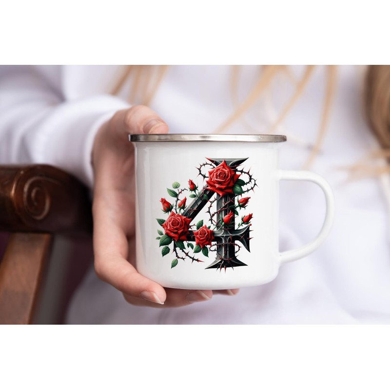 MAXIKIWI Langlebige Emaille-Kaffee- oder Tee-Camping-Tasse für drinnen und draußen, Alphabet