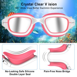 Emsina kids swim goggles/Swimming Goggles for Kids 4-16/Super Anti Fog&UV Adjustable Clasp Pool Goggles for Child Youth (PinkWhite-SliverLens)