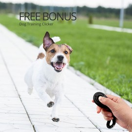 CFMOUR Retractable Dog Lead, 5m/20kg Grey Heavy-Duty Extendable Dog Leads for Small to Medium Dogs; Strong Nylon Tape Ribbon Leash, One-Button Brake&Lock, Bonus Training Clicker