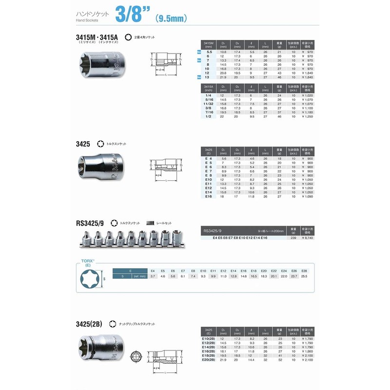 Koken RS3425/9 3/8 (9.5 mm) SQ. Torx Socket Rail Set,