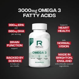 Reflex Nutrition Omega 3 - Omega 3 Capsules High Strength: 1000mg Fish Oil Supplement with 330mg EPA & 220mg DHA - Support Heart Health & Brain Function - Maintain Normal Blood Pressure (90 Capsules)