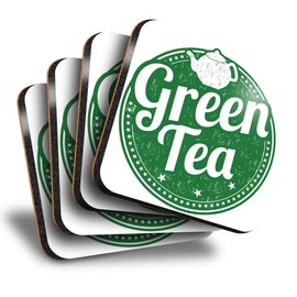 Destination Vinyl ltd Great Coasters (Set of 4) Square - Green Tea Healthy Organic Tea Cup Drink Glossy Coasters/Tabletop Protection for Any Table Type #5171