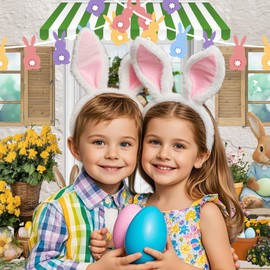 7X5FT Spring Easter Backdrop Colorful Tulips Flowers Eggs Rabbit White Rustic Door Shop Photography Background Easter Bunny Baby Shower Party Decor Banner Photo Booth Studio Props