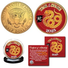 2025 Year of The Snake Chinese Lunar New Year of The Snake Gold Plated JFK Kennedy Half Dollar Collectible Coin