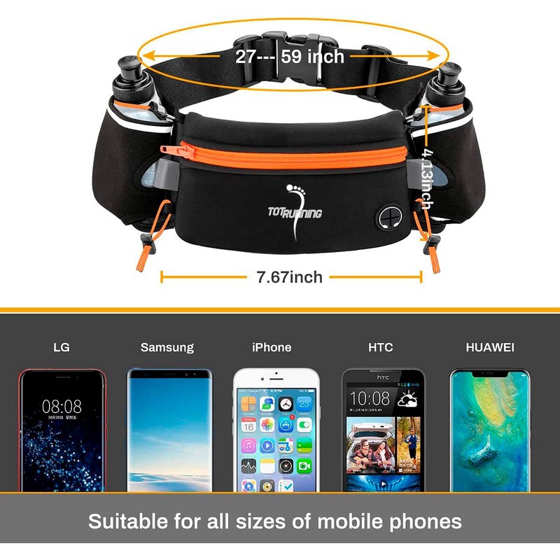 Adjustable Running Belt with Zipper Pocket, 2 Water Bottles, 2
