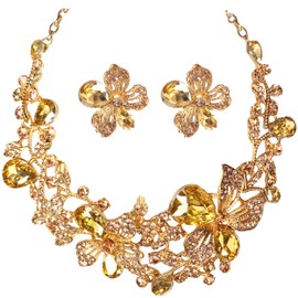 MMonesu Crystal Flower Bib Statement Necklace Set Chunky Champagne Diamond Flower Statement Necklace & Earrings Drama Bib Collar Jewelry Set for Women Prom Party Jewelry
