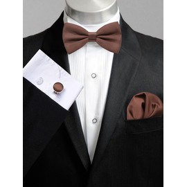 Luckyvestir Brown Bow Ties for Men Solid Color Bow Tie Pre-tied Adjustable Bowties and Pocket Square Cufflink Set