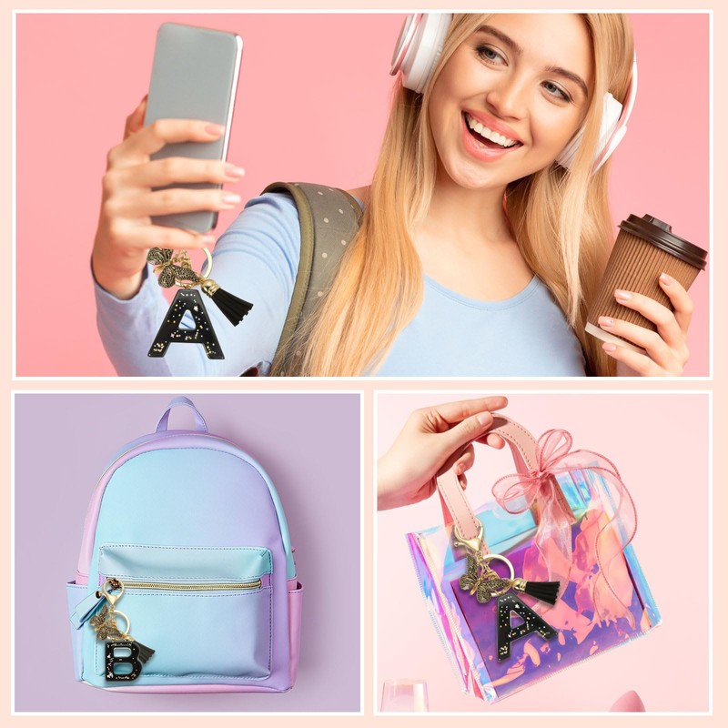 [PATIKIL] アルファベットイニシャルレターキーチェーン 女性用キーパースハンドバッグバッグアクセサリー用タッセルバタフライレターUペンダント装飾付きレジンかわいいキーチェーン 黒
