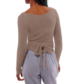 OFSOAK Women's Crop Sweater Tie Front Drawstring Long Sleeve V-Neck Lightweight Crochet Cardigan Solid Crop Brown