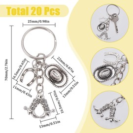 SUNNYCLUE 1 Box of 20 Cowboy Boots Keyrings Horseshoe Key Ring Bulk Pack 70 mm Alloy Antique Silver Boots Key Ring for Western Parties Weddings