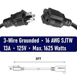 2-Pack 3ft Extension Cord Outdoor 16 SJTW AWG Heavy Duty Power Cord 3 Prong, NEMA 5-15P to NEMA 5-15R, Power Cable for Indoor and Outdoor Use, ETL Listed