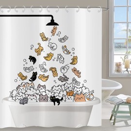 Hnmdmyi Shower Curtain Funny Cat 150 x 180 cm Children's Cartoon Animal Kitten Colourful Adorable Hilarious Pets Bath Curtain Waterproof Polyester Fabric Washable Bath Curtain with Hooks
