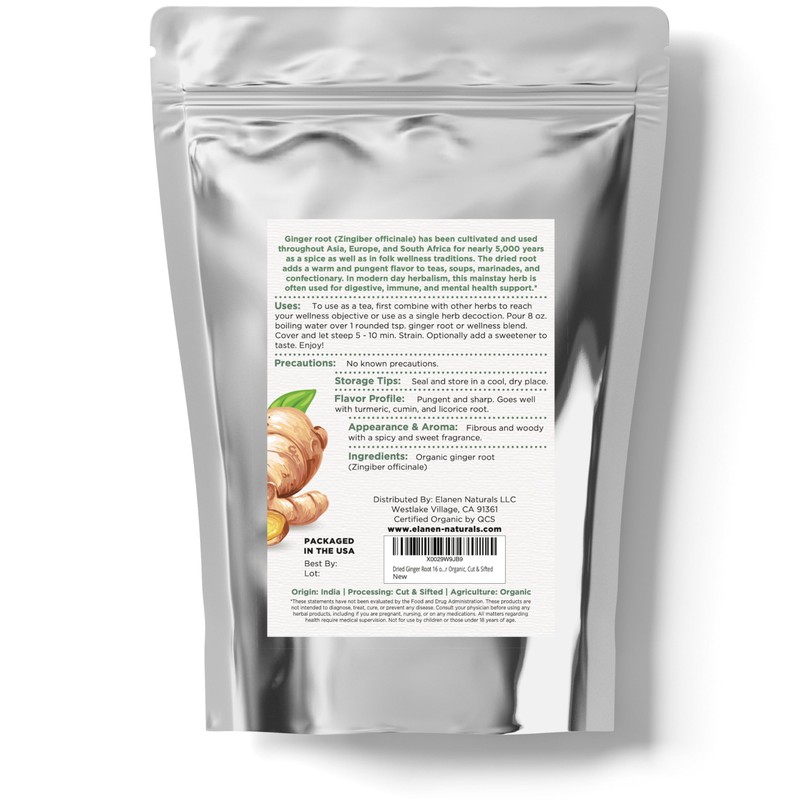 Elanen Naturals Organic Dried Ginger Root 1 lb. (16 oz.),