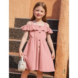 Arshiner Dress for Girls Solid Summer Cotton Cold Shoulder Midi Hawaii Sun Dress Light Pink 6-7 Years