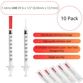 U-40 Syringes - 1ml/cc 29G 1/2" (12,7mm) Disposable Syringes, Individually Wrapped,10 PACK