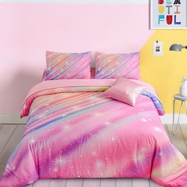 Btargot Super Soft 6 Pieces Gradient Star Ring Comforter Set, Colorful Glitter Rainbow Star Pattern Bedding Set for Boys Girls Teens, Full Pink