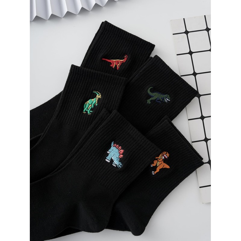 WDIRARA Men's 5 Pairs Dinosaur Embroidered Crew Socks Casual Cartoon