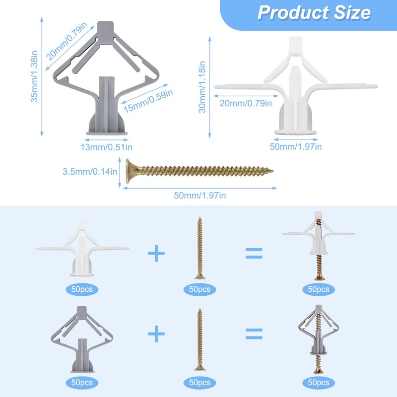 Pack of 100 Cavity Dowels, Plasterboard Dowels, Drywall Dowels, Butterfly