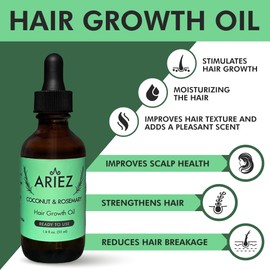 Ariez Coconut & Rosemary Oil Hair Growth Serum - Promotes Thicker and Fuller Looking Hair - For Dry & Damaged Hair - Anti Frizz- Stimulate Follicles, Promote Regrowth - Cruelty Free - 55ml